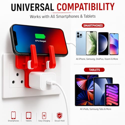 Image of Leo Universal Mobile Holder & Wall Socket Charging Stand | Anti-Slip ABS Mobile Stand for Smartphones & Tablets | Portable Multi Phone Holder for Home, Office & Travel
