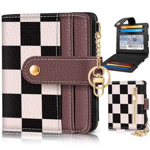Image of Bistup Small Card Wallet for Women with Keychain, Black & White Checkered | durable material, clear ID window,, compact design for daily carry, sturdy keychain, aesthetic