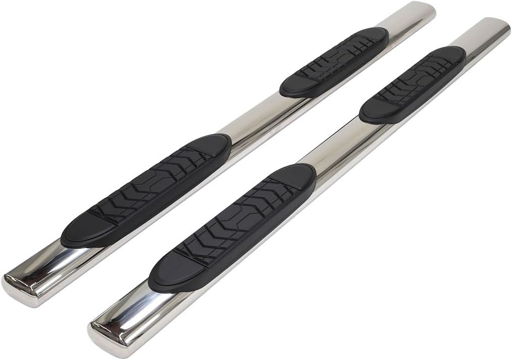 TrailFX Nerf Bar Fits Ford F-150 Super Cab 2009-2014 Straight 5-Inch Oval Polished Stainless Steel Side Steps with Slip-Resistant Step Pads Welded End Caps Rocker Panel Mount Set of 2 TrailFX A7014S