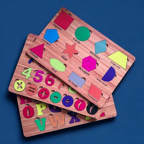 Image of Fiddlys Wooden Educational Jigsaw Puzzles for Toddlers & Preschoolers, Double Layered Wooden Puzzles with Bright Front & Back Print Alphabet Shapes and Numbers Learning, Toy (Alphabet Number Shapes)