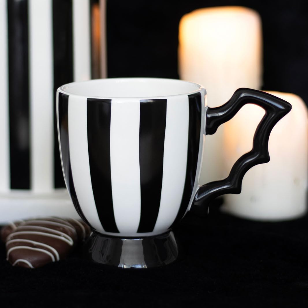 Striped Bat Wing Teacup - Unique Handcrafted Ceramic Mug with Halloween-Inspired Design, Ideal for Coffee, Tea, and Halloween Parties, 12 oz Capacity, Microwave and Dishwasher Safe