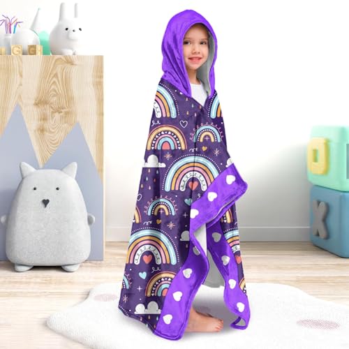 Image of Rainbow Girls Beach Towel with Hoodie for Kids Toddlers Age 4-8, Pink Bath Towels Shower Wrap for Girls, Hooded Poncho Beach Blanket for Pool Swimming Cute Wearable Bath Towel for Child