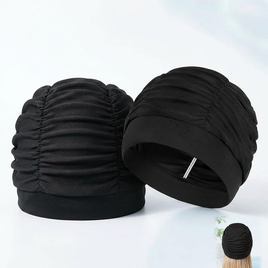 Gorro de Natación Mujer [Pack de 2] - Gorro de Baño de Tela Negro Elástico para Pelo Largo Transpirable para Piscina Playa y Aquagym Talla Universal Negro