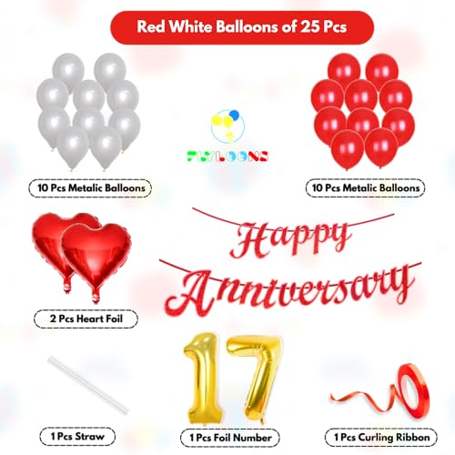 Image of Flyloons 17th Happy Anniversary Decoration Items Red White for Men Women Husband Wife Mom Dad Parent Couple Home Bedroom Car With 20 Pcs Metallic Balloons Anniversary Banner 2 Pcs Heart Set Kit
