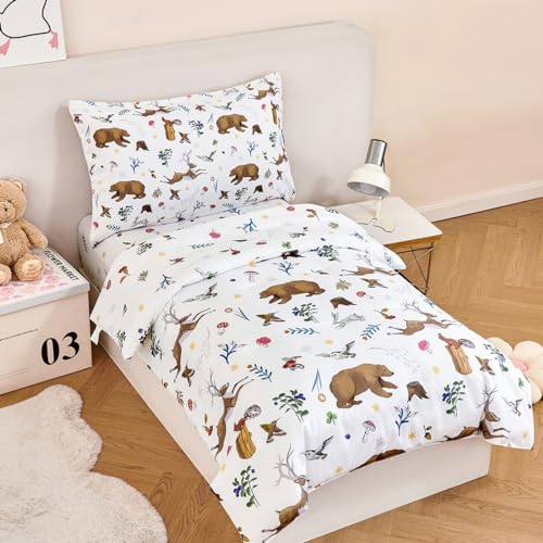 Image of PERFEMET Kids Comforter Sets Twin 4 Pieces Cartoon Woodland Animal Print Bedding for Boys Girls Soft Reversible Bear Deer Forest Theme Children Bedroom Set with Sheets for All Season Use