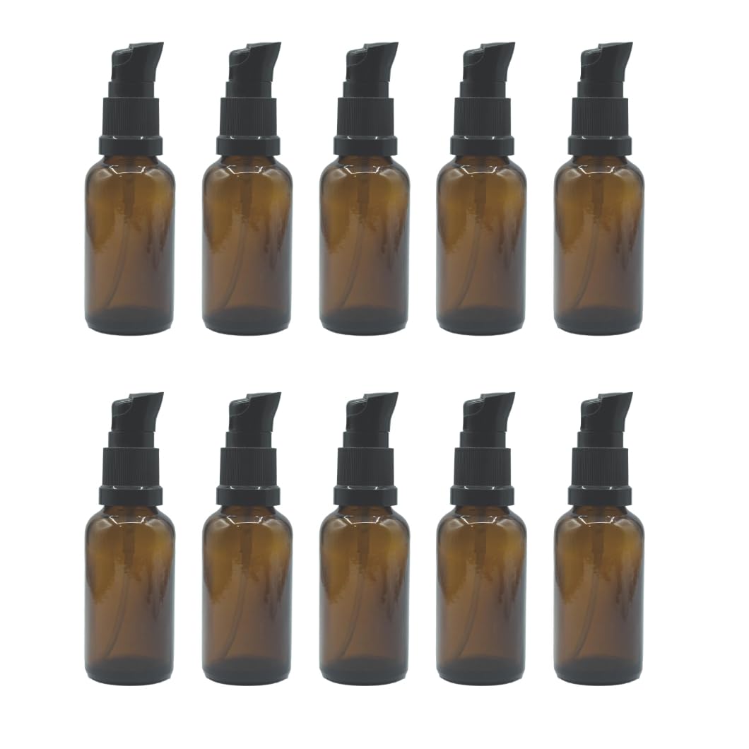 PHARCOS 30ml Amber Glass Bottles Pack of 10 – Refillable Round Bottle with Black Lotion Pump and Cap for Essential Oils DIY Skincare Lotions Cosmetics-image-41