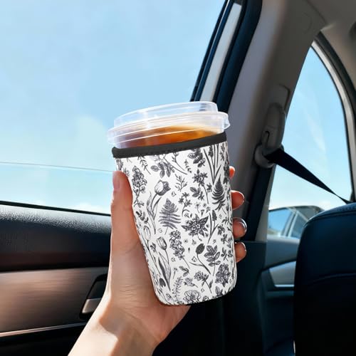 Image of Reusable Insulated Sleeve for Iced Coffee Cup, 3-Pack Coffee Neoprene Drink Sleeve for Cold & Hot Drinks, Beverage Holder for Iced Coffee (Black Fern Florals)