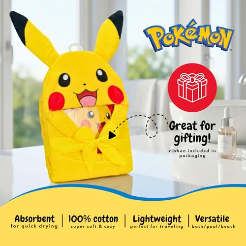 Image of Pokemon Pikachu Kids Super Soft Bath /Pool /Beach Soft Cotton Terry Hooded Towel Wrap, 24 in x 50 in, (Officially Licensed Product) By Franco
