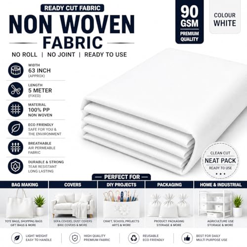 Image of Non Woven Fabric for Bag Making, Inner Lining & Home Utility | 90 GSM Extra Thick | 60 Inch Width | 5 Meter Length | Washable & Reusable | Fabric Material Only (White)