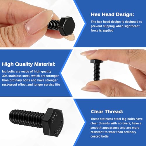 Image of Zonon 50 Pcs 1 /4-20 x 3 /4 inch Hex Head Screw Bolt 18-8 (304) Stainless Steel Hexagon Bolts, Fully Threaded, Plain Finish, External Hex Drive (Black)