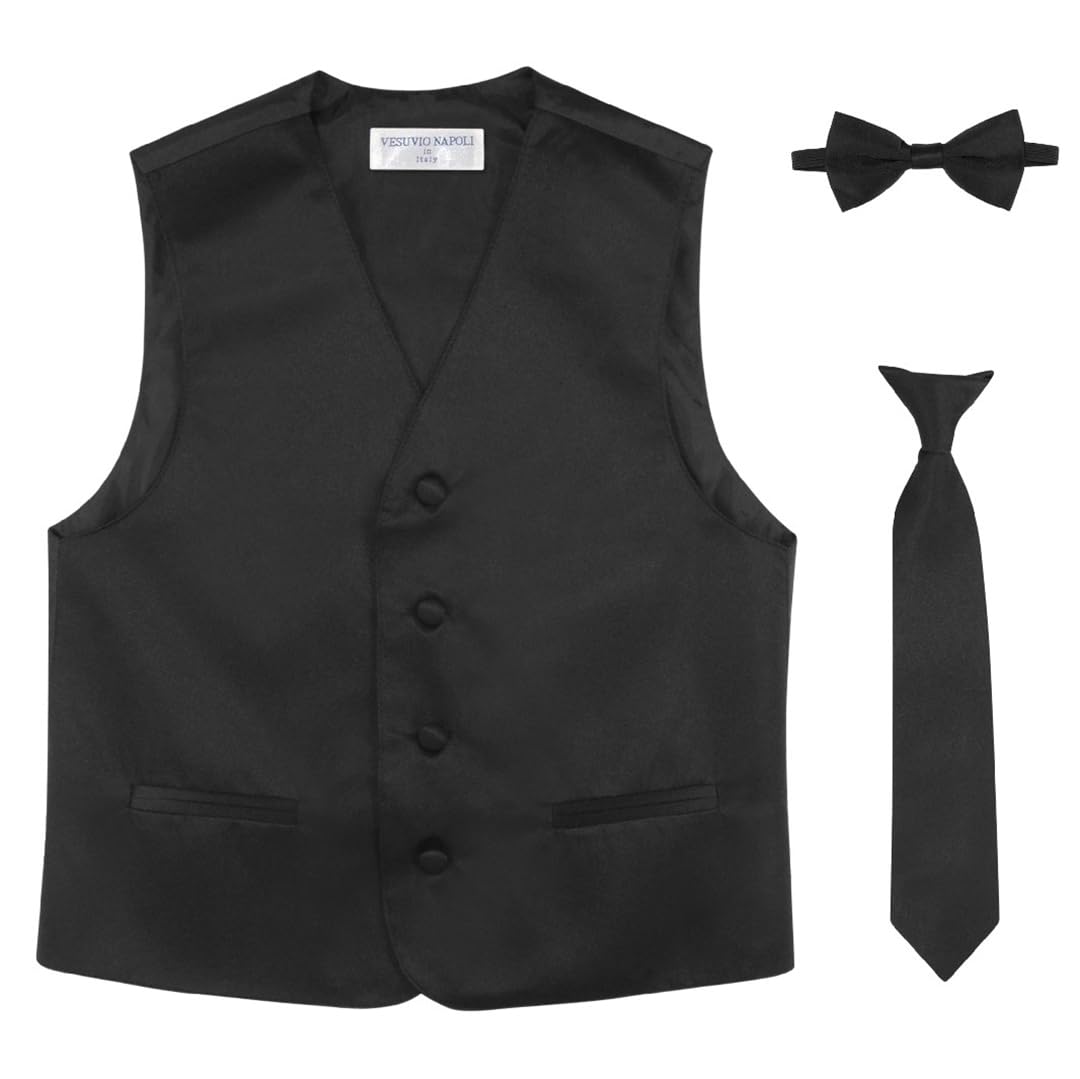 Vesuvio Napoli Boy's Dress Vest Bow Tie Necktie 3 piece set. Solid Color Variety Pre-Tied Ties (US, Numeric, 14, Black)