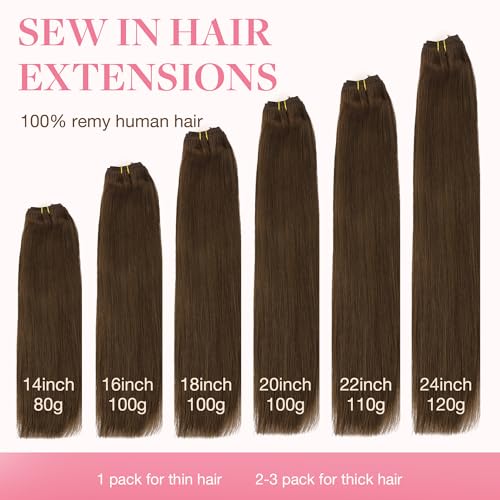 Image of GOO GOO Sew in Hair Extensions Real Human Hair, Weft Hair Extensions Human Hair, 4A Chocolate Brown 24inch 120g, Weft Bundles Straight Silky Remy Hair