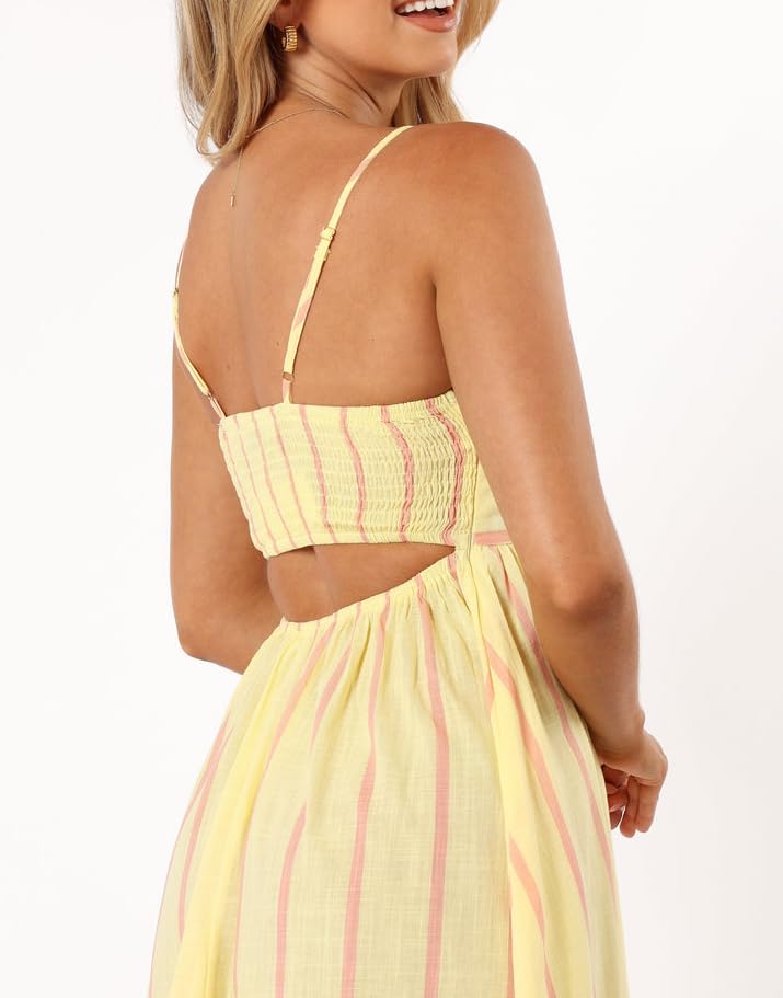 Image of NUFIWI Women Summer Striped Maxi Dress Spaghetti Strap Cutout Ruffle Long Dress Flowy Swing Beach Vocation Dress