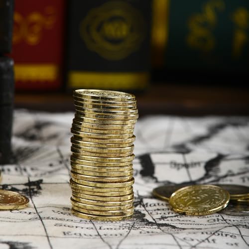 Image of metal coins pirate treasure for dnd props gifts fantasy fake gold | Metal Pirate Coins Treasure Chest Pack of 100 Perfect for D&D and Other Board Games Props Treasure Fake Gold and Gifts