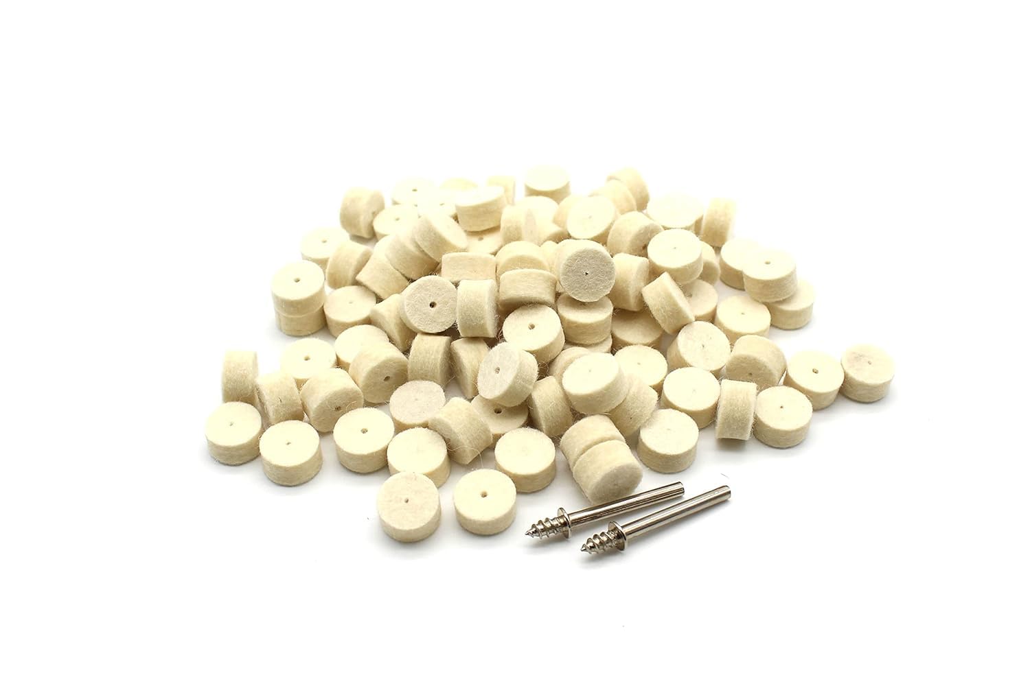 100 Pcs Felt Buffing Polishing Discs 1/2 Inch (13mm) Diameter, 1/4 Inch (6mm) Height with 2 Mandrels, 1/8 Inch (3mm) Shank for Dremel and Rotary Tools