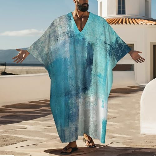 Turquoise And Grey Art Artwork Pattern Men's V-neck Robe Middle East Arabian Robe Butterfly Sleeves Kaftan2