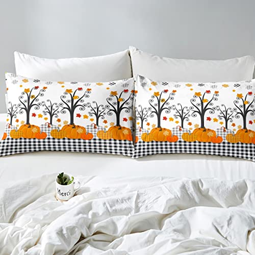 Fall Pumpkin Harvest Duvet Cover Set Queen Size,Kids Adults Bedroom/Country Cottage Decor,Black White Plaid Bedding,Maple Autumn Leaves Comforter Cover,Rustic Bright Quilt Cover,3Pcs,2 Pillowcases #TOP4