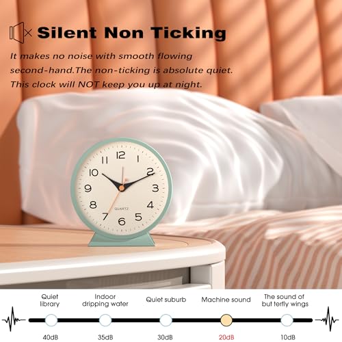 Image of AYRELY 4.5 inch Analog Alarm Clock,Small Retro Desk Clock Battery Operated,Silent Metal Table Clock with Light for Living Room Decor,Bedroom,Bedside,Shelf (Green)