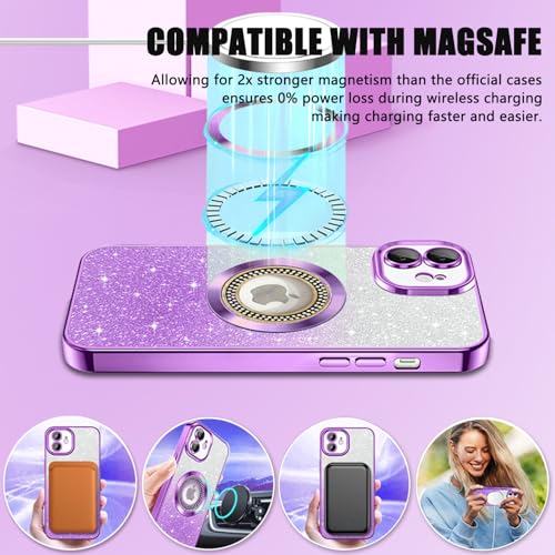 Image of Misscase for iPhone 12 Magnetic Glitter Case Compatible with MagSafe,Full Protection Slim Shockproof Anti-Scratch Case with Camera Lens Protector Logo View Dust-Proof Net for Women Purple