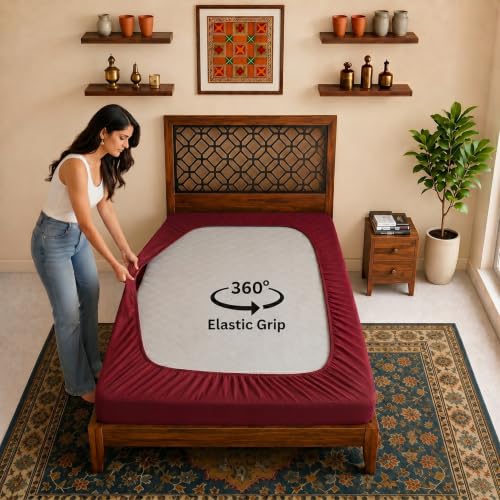 Image of Lithara Terry Cotton Fitted Mattress Protector for Single Bed | Waterproof & Elastic Band | Ultra Soft & Hypoallergenic Mattress Cover | Size : 36 x 78 Inches (3 x 6.5 Feet) | (Wine Red)