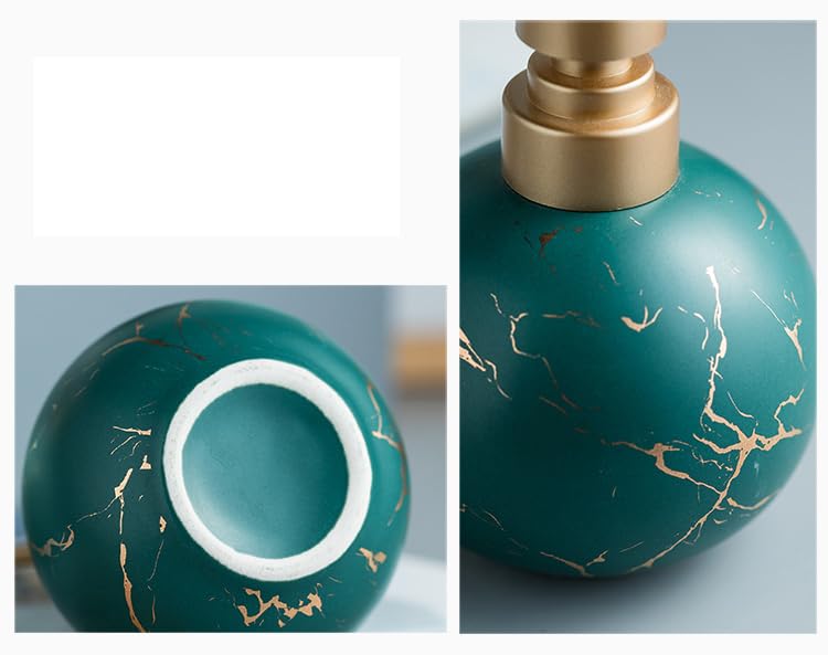 Image of Luxury Ceramic Soap Dispenser (Luxe Green) - 350ml Round Modern Refillable Lotion Shampoo Handwash Bottle Matte Green with Gold Marbling Premium Countertop Accessory for Bathroom, Kitchen & Wash Basin