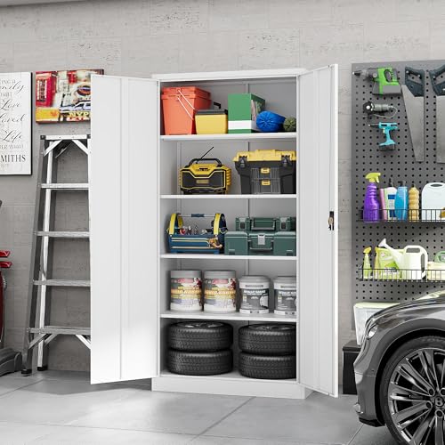 Image of Yizosh Metal Garage Storage Cabinet with Lock, 71 inch Locking Tool Cabinet with 2 Doors and 5 Shelves, Heavy Duty for Garage, Office, School (White)