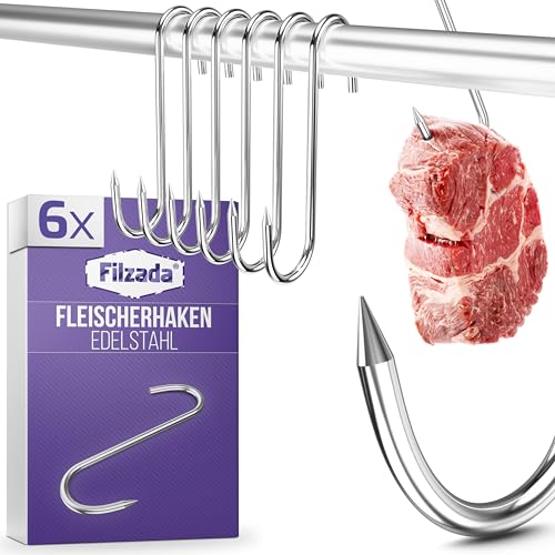 Filzada® 6x XXL Fleischerhaken Edelstahl - 50 kg - Belastbar - Ø 5mm - Hochwertige Räucherhaken Edelstahl MIT SPITZE - Fleischhaken Räuchern - S Haken Edelstahlhaken - Räucherhaken für Forellen