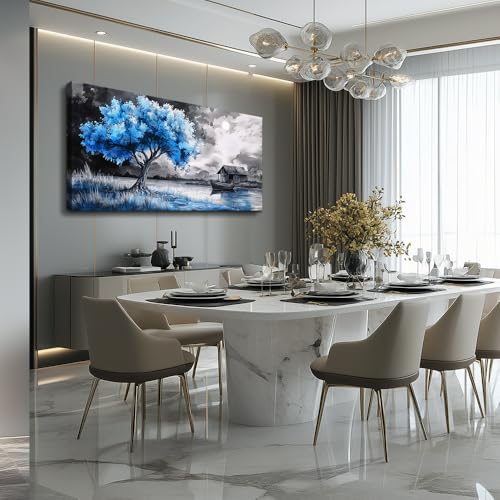 PHAOHUAXM Wall Art For Living Room Large Wall Decor For Bedroom Black White And Blue Trees Wall Pictures Artwork Restaurant Office Frame Printing Canvas Artwork Modern Home Decor Aesthetic 24x48 in