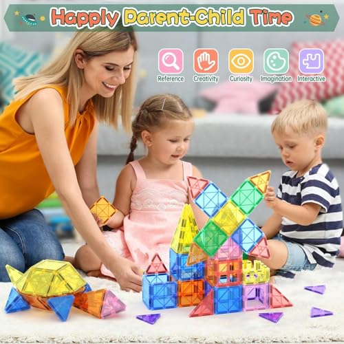 Image of DIMAZO 100 Pieces Magnetic Tiles Magnet for Girls Boys Sensory Magnetic Blocks Building Toys for Kids Preschool Learning Montessori Toy for 3 Year Old Toddler Age 3 to 8 (Multi 100 Magnetic Tiles)