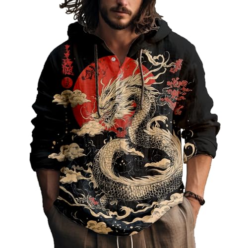 Graphic Long Sleeve Hoodies Shirts for Men Hooded Henley Casual Summer Shirts Lightweight Thin Fashion Hoodies