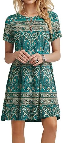 POPYOUNG Women's 2023 Summer Casual T-Shirt Dress Short Sleeves Swing Boho Beach Cover up S, Blue Khaki