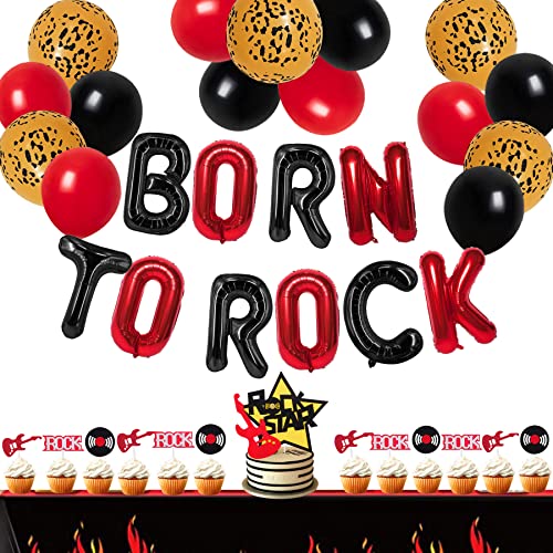 Apinwin Rock And Roll Music Themed Party Decorations, Black Red Born To Rock Foil Balloon Banner, Rockstar Cake Topper, Rock Guitar Cupcake Toppers, Leopard Printed Balloons For Kid Adult Punk Goth #TOP25