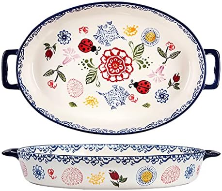 Vintage Style Flower and Butterfly Ladybug Pattern Bakeware Ceramic Casserole Dish Baking Pan Lasagna Pans Baking Dish with Handles for Oven to Table-1 PCS-A-Oval-Large - Thumbnail 2