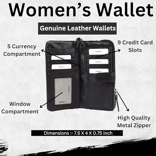Genuine Leather Wallets for Women, Small Wallet for Ladies Zipper Coin Purse Credit Card Holder with detachable wristlet (Black)3