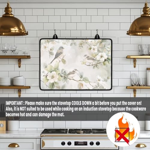 Image of Electric Stove Top Cover Heat Resistant Stove Protector Cover For Glass Ceramic Stove Top Flat Cooktop Cover Mat with Rubber Backing, 29 x 21 Inch, Bird Flower Branch