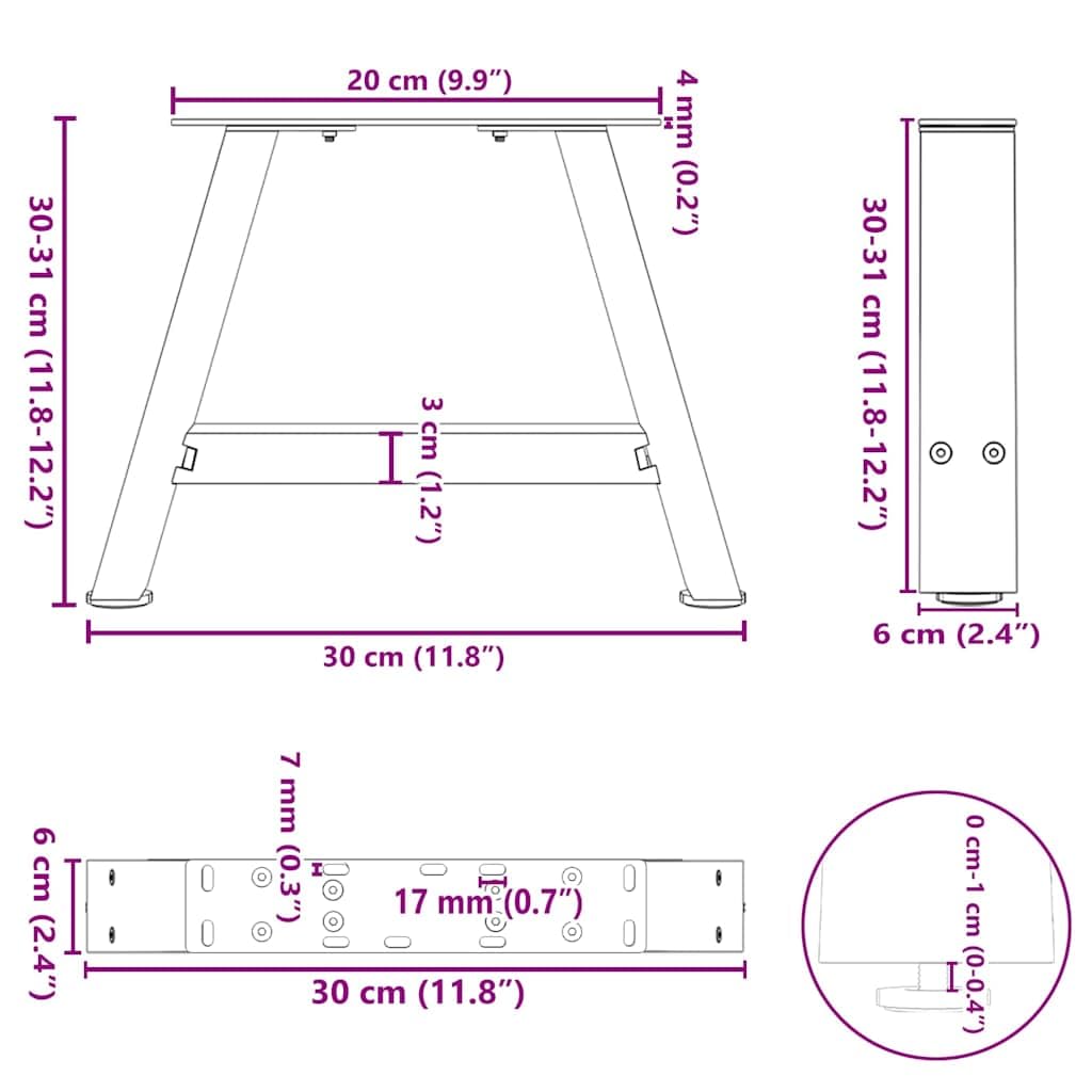 Patas de mesa de café en forma de A, 2 unidades, acero con recubrimiento en polvo, color antracita, 30 x (30-31) cm, con patas niveladoras ajustables para mesa de café, muebles, armario