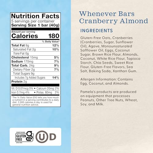 Pamela's Products Gluten Free Whenever Bars, Cranberry Almond, 5 Count Box, 7.05-Ounce (Pack of 6) - image 4