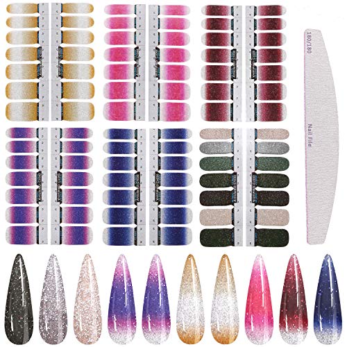 Nail Art Polish Stickers Strips, KISSBUTY 6 Sheets Glitter Nail Wraps Polish Decal Strips Adhesive Shine Nail Art Stickers with Nail File Manicure Kits for Women Girls (Glitter 1)