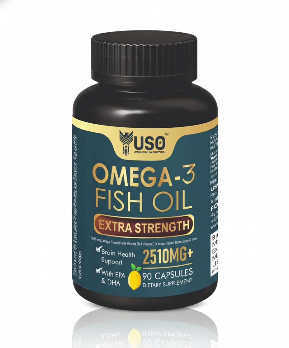 USO Omega-3 Fish Oil Extra Strength – 2510mg Omega-3s per Serving, 892mg EPA & 596mg DHA, with Vitamin D3 & E, Heart, Brain & Joint Support, 90 Softgels
