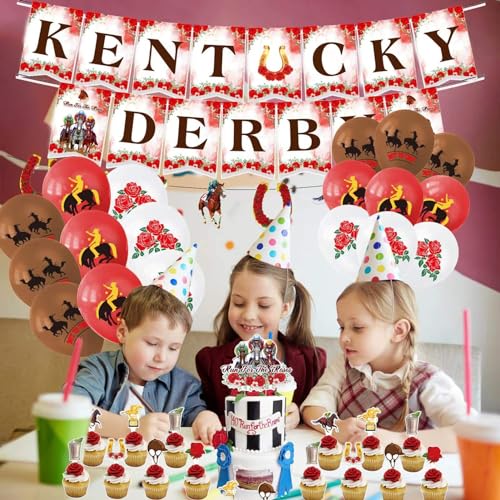35 Pcs Kentucky Derby Party Supplies Including Kentucky Derby Banner, Balloons, Cupcake Topper, Cake Topper, Horse Racing Flag for Kentucky Theme Party Birthday Party Decorations