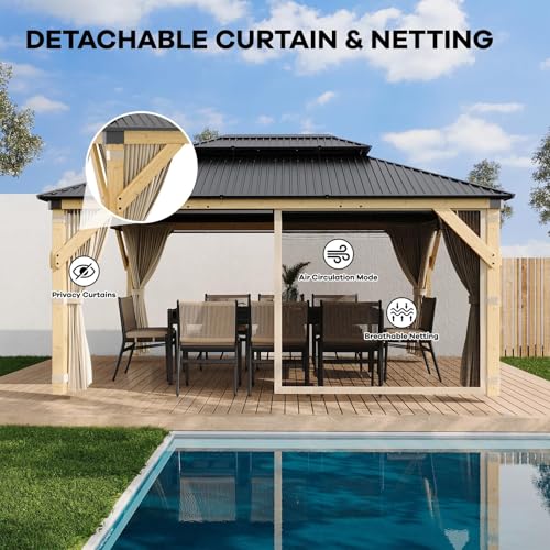 Klysiora 12' x 16' Patio Gazebo Wooden Gazebo with Solid Spruce Frame and Aluminum Double Roof Suitable for Gardens, Patios, Lawns, and Parties Curtains and Netting Included! - Image 4
