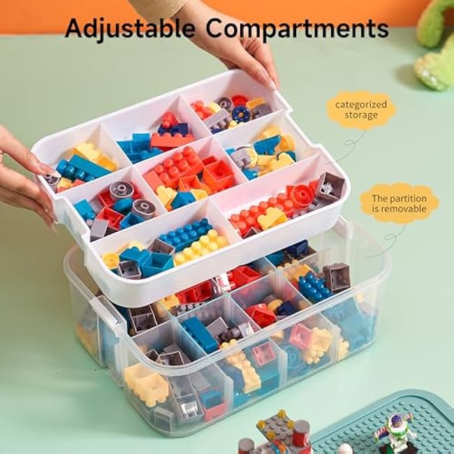 Plastic Storage Bins with Lids, Storage Container with Carrying Handle, Organizer with Removable Compartments and Building Baseplate for Beads, Tools, Crafts Storage, Yellow, 1 Layer