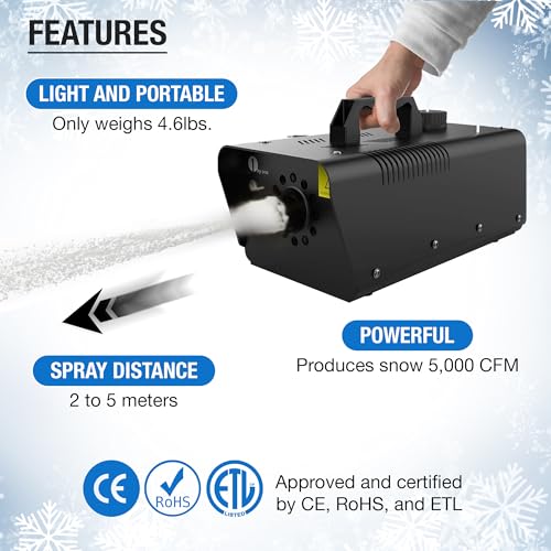 artcreativity snow machine for party - 600-watt snow maker machine - up to 16 feet of almost instant snow - outdoor and indoor christmas decorations - snow liquid sold separately