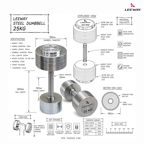 Image of Leeway Steel Dumbbell Set 25 Kg x 2 | Chrome Dumbbells for Home Gym | Rust-Resistant Non-Slip Grip | Strength Training Metal Dumbbell Set | Iron Dumbell | Round Dumble | (25kg X 2 = 50kg Chrome)