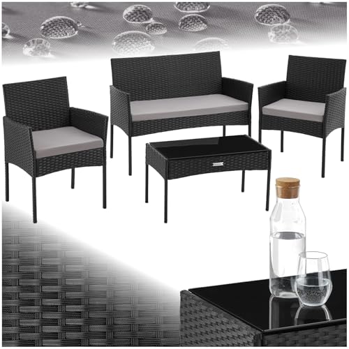 TecTake® Conjunto Jardin Exterior de Ratán, Muebles Jardin Exterior para 4 Personas, Muebles Terraza con Mesa de Vidrio, Sofa Exterior y Sillas con Cojines Lavables, Sillon Jardin Cómodo - Negro