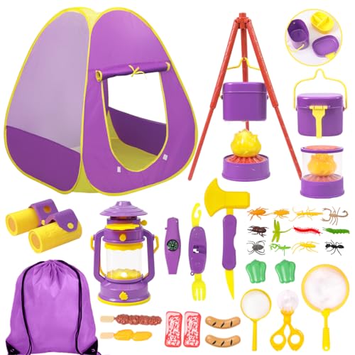 Meland Kids Camping Set with Tent - Toddler Toys for Girls Pretend Play with Campfire & Camping Toys, Christmas Birthday Gift for Girls Age 3,4,5,6 Year Old(Purple)