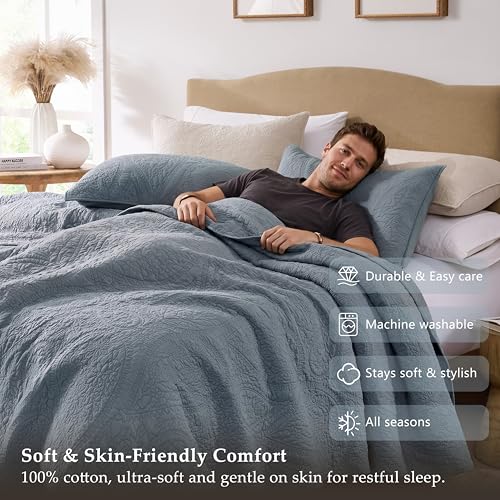Image of PALASSIO Dusty Blue Paisley 100% Cotton Quilt King Size Bedding Sets with 2 Pillow Shams, Boho Floral Lightweight Farmhouse Country Vintage Soft Bedspread Shabby Chic Coverlet for All Season, 3 Pieces