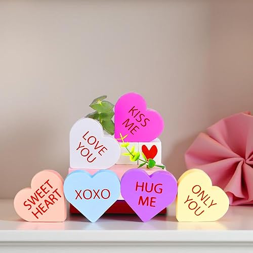 Miniatura 5 de Decoración del Día de San Valentín, 6 Letreros de Corazón de Madera con Doble Impresión para el Hogar, Mesa, Bandeja Escalonada, Repisa de Chimenea,