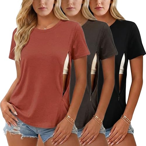 Image of Ecavus Women's 3-Pack Nursing Shirts for Breastfeeding with Hidden Zippers Loose Fit Maternity Tops