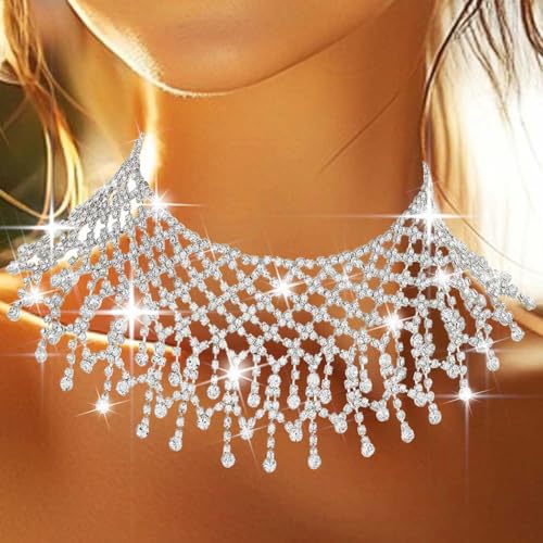 Nicute Rhinestone Choker Necklace Silver Crystal Necklaces Bling Wedding Prom Necklace Jewelry for Women2